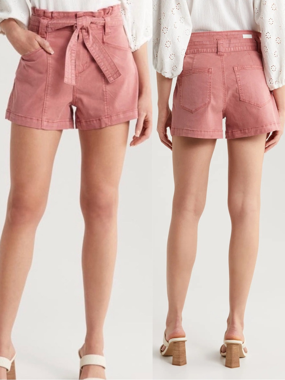 Paige Anessa Belted Peak-waistband Seamed Shorts in Vintage Soft Rose